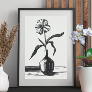 Minimalistische zwarte en witte inktbloem poster