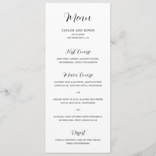 Minimalistische Zwarte en Witte Moderne Bruiloft Menu (Voorkant)