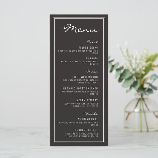 Minimalistische zwarte en witte moderne trouwdag menu (Staand voorkant)