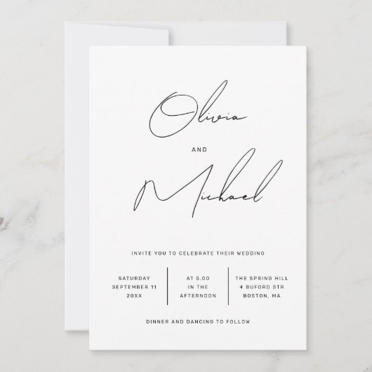 Minimalistische Zwarte en Witte Script Bruiloft + Kaart (Voorkant)