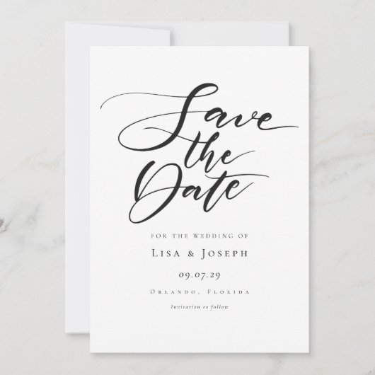 Minimalistische Zwarte en Witte Script Save The Date (Voorkant)