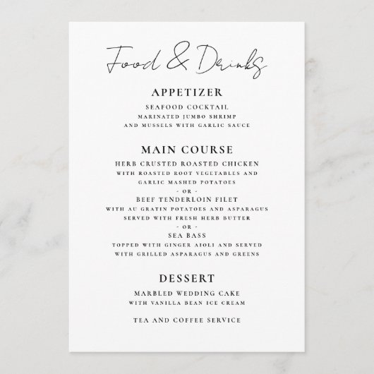 Minimalistische Zwarte en Witte Trouwfeest Menu (Voorkant)