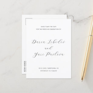 Minimalistische zwarte en witte trouwkaart 'Save t Aankondigingskaart