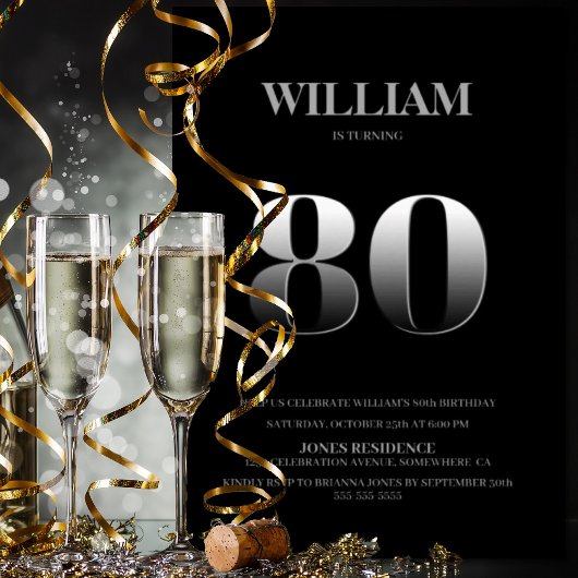 Minimalistische Zwarte en Zilveren 80e verjaardag Kaart