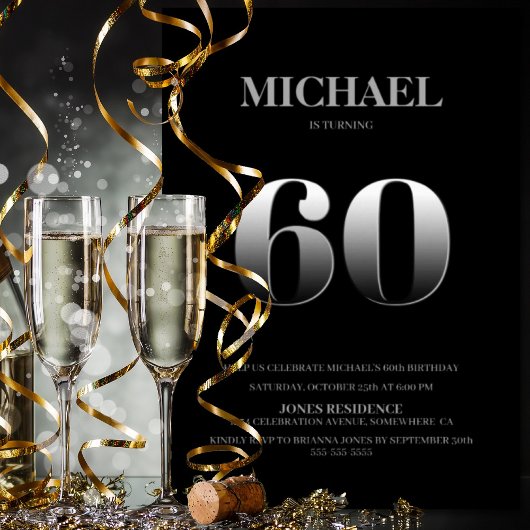 Minimalistische Zwarte en Zilverpartij 60e verjaar Kaart