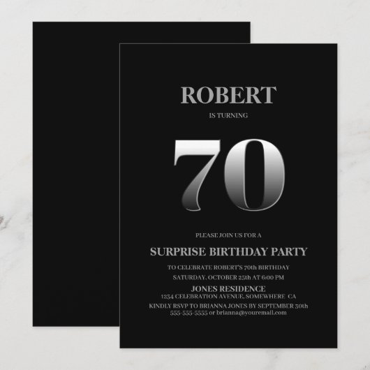 Minimalistische zwarte en zilververrassing 70ste v kaart (Voorkant / Achterkant)