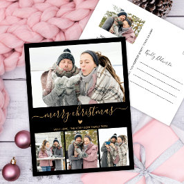 Minimalistische Zwarte Gouden 4 Foto Collage Kerst Briefkaart