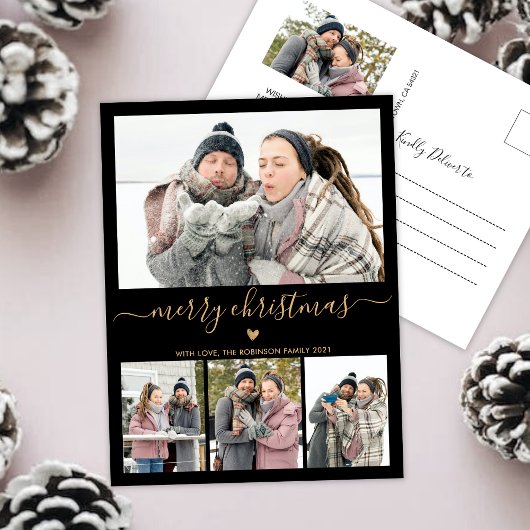 Minimalistische Zwarte Gouden 4 Foto Collage Kerst Briefkaart