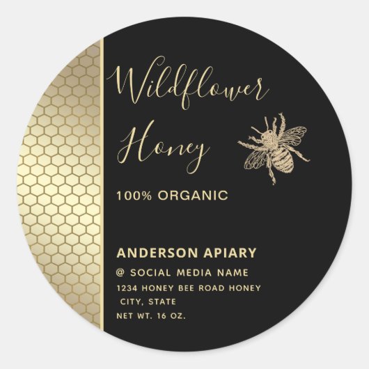 Minimalistische zwarte gouden honingraat honingbij ronde sticker (Voorkant)