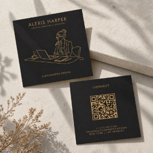 Minimalistische Zwarte Gouden Lijnkunst Vrouw QR C Vierkante Visitekaartje