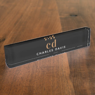 Minimalistische zwarte gouden monogram initiaal naambordje