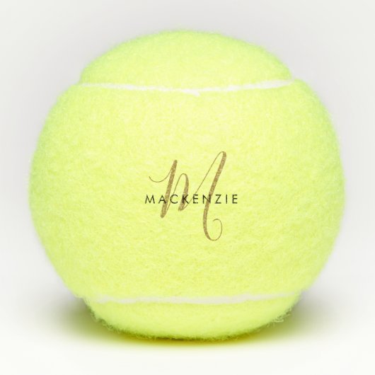 Minimalistische Zwarte Gouden Script Monogram Tennisballen (Voorkant)