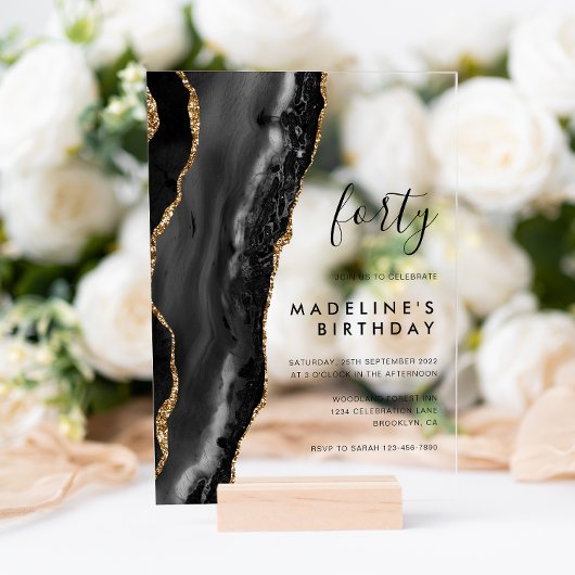 Minimalistische zwarte goudgetijden 40e verjaardag acryl uitnodigingen