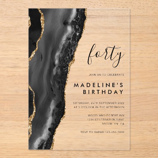 Minimalistische zwarte goudgetijden 40e verjaardag acryl uitnodigingen (Voorkant)