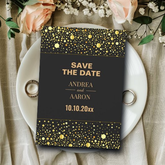 Minimalistische zwarte grijs gouden glitters stipp save the date