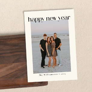 Minimalistische zwarte 'Happy New Year' foto met v Feestdagenkaart