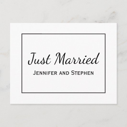 Minimalistische zwarte huwelijksaankondiging 'Just Aankondigingskaart (Voorkant)