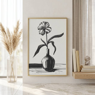 Minimalistische zwarte inktbloem poster