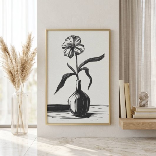 Minimalistische zwarte inktbloem poster