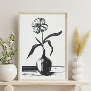 Minimalistische zwarte inktbloem poster