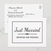 Minimalistische zwarte 'Just Married' trouwkaart Aankondigingskaart (Voorkant / Achterkant)