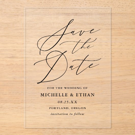 Minimalistische zwarte kalligrafie bruiloft Save t Acryl Uitnodigingen (Voorkant)