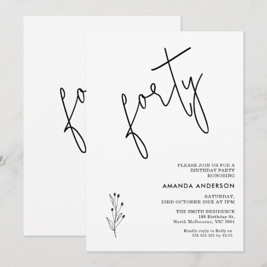 Minimalistische zwarte kalligrafie tekst 40e verja kaart (Voorkant / Achterkant)