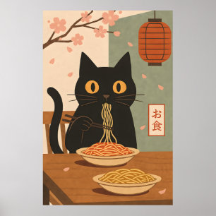 Minimalistische zwarte kat die spaghetti eet Japan Poster