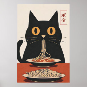 Minimalistische zwarte kat die spaghetti eet Japan Poster