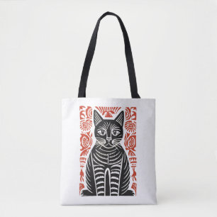 Minimalistische Zwarte Kat Folk Art Ontwerp Tote Bag