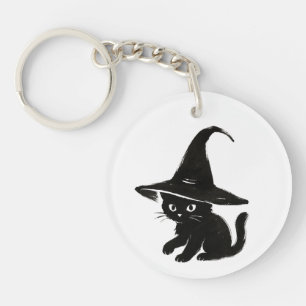 Minimalistische zwarte kat met heksenhoed ontwerp sleutelhanger