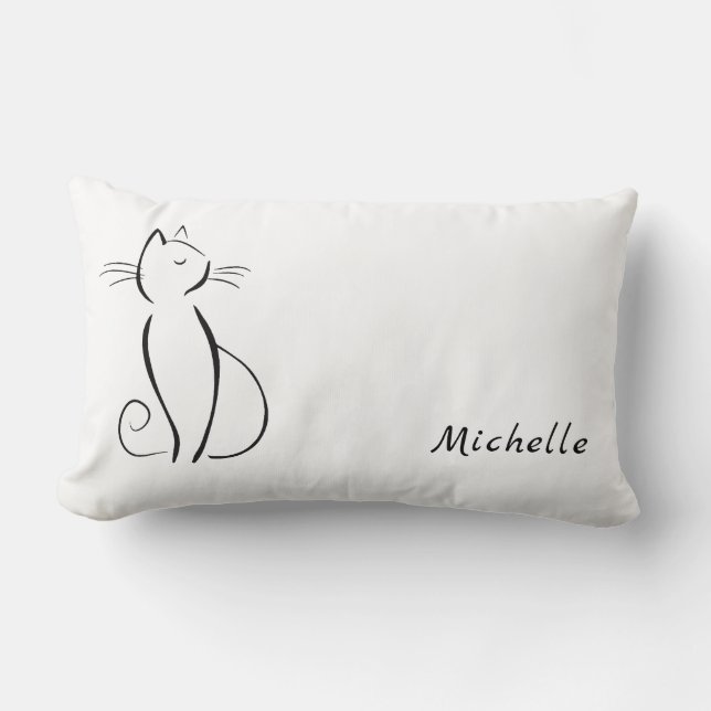 Minimalistische zwarte kat op witte naam toevoegen kussen (Voorkant)