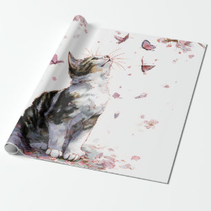 Minimalistische Zwarte Kat - Roze Bloesems & Goude Cadeaupapier