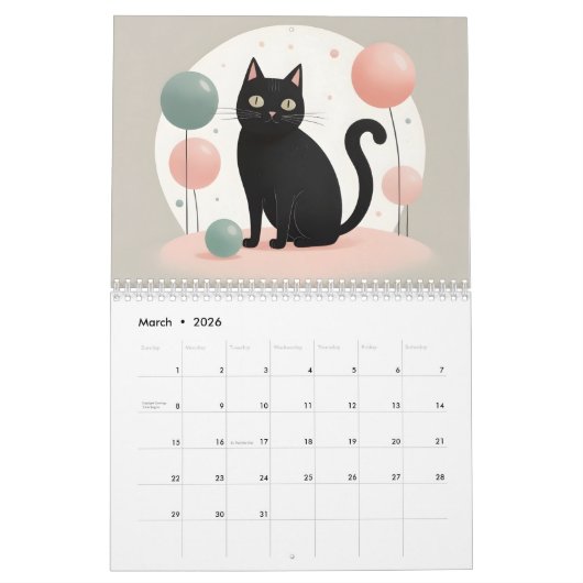 Minimalistische zwarte katten 2025 Kalender 12 maa (Mar 2026)
