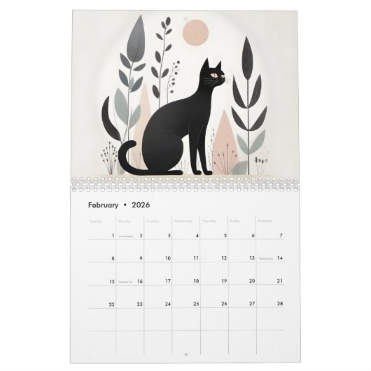 Minimalistische zwarte katten 2026 Kalender 12 maa (Feb 2026)