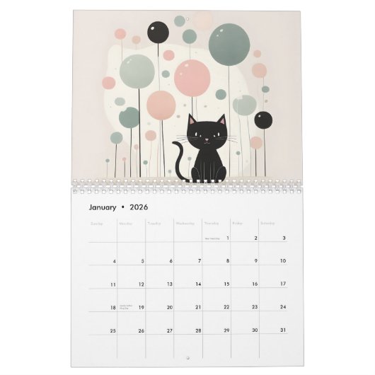 Minimalistische zwarte katten 2026 Kalender 12 maa (Jan 2026)