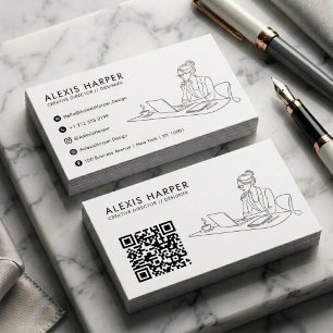 Minimalistische Zwarte Moderne Lijnkunst Vrouw QR- Visitekaartje