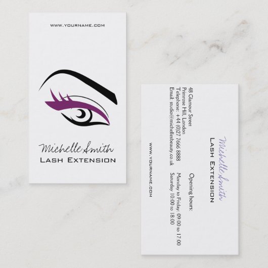 Minimalistische zwarte paarse wimper extensie make visitekaartje (Voorkant / Achterkant)