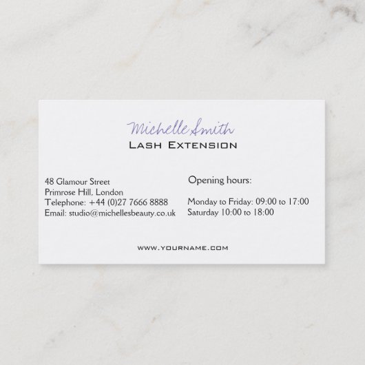 Minimalistische zwarte paarse wimper extensie make visitekaartje (Achterkant)