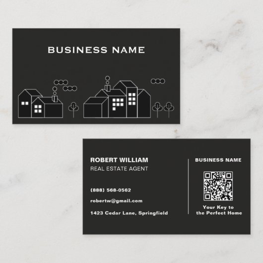 Minimalistische Zwarte QR Code Vastgoed Makelaar Visitekaartje (Voorkant / Achterkant)