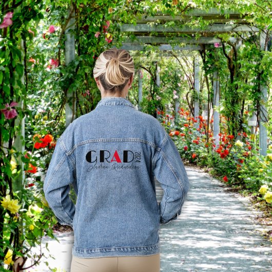 Minimalistische zwarte rode afstuderen naam denim jacket