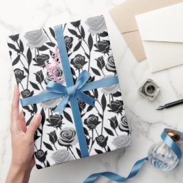 Minimalistische zwarte rozen met lichtgrijze stele cadeaupapier