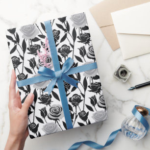 Minimalistische zwarte rozen met lichtgrijze stele cadeaupapier