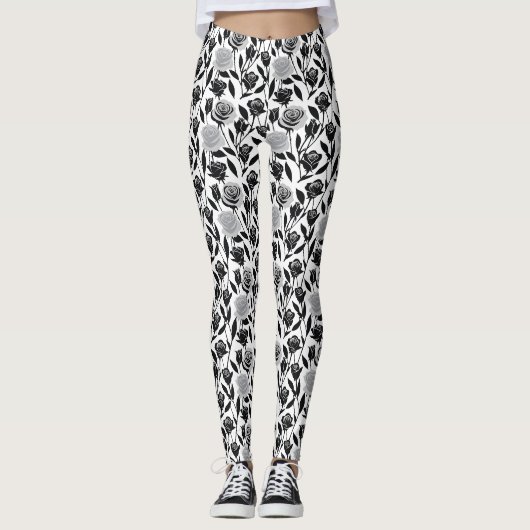 Minimalistische zwarte rozen met lichtgrijze stele leggings (Voorkant)