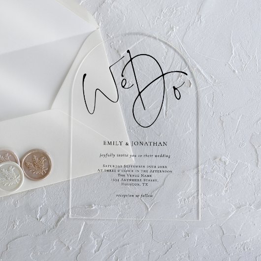 Minimalistische Zwarte Script We Do Bruiloft Acryl Uitnodigingen