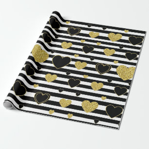 Minimalistische Zwarte Streep Gouden Hart Patroon Cadeaupapier