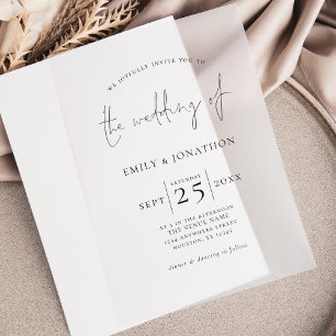 Minimalistische zwarte tekst overlay bruiloft vellum uitnodigingen