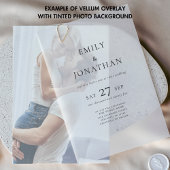 Minimalistische zwarte tekst overlay bruiloft vellum uitnodigingen