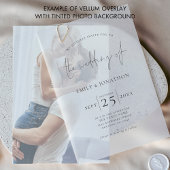 Minimalistische zwarte tekst overlay bruiloft vellum uitnodigingen