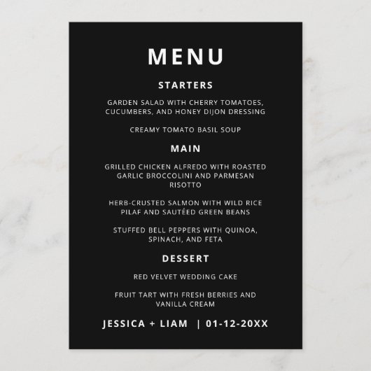 Minimalistische Zwarte Trouwtafel Menu Kaarten (Voorkant)